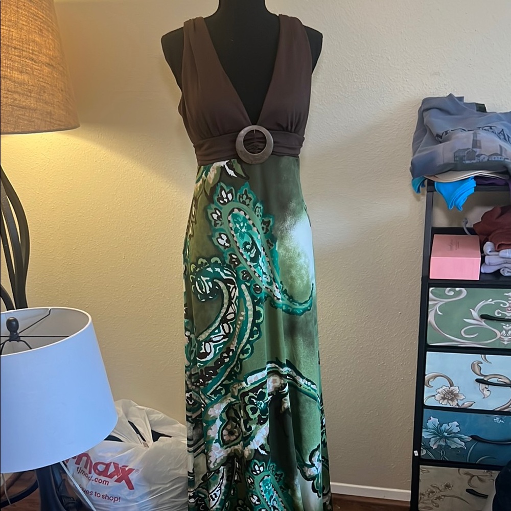 Sequin Hearts Brown and Green Maxi Dress